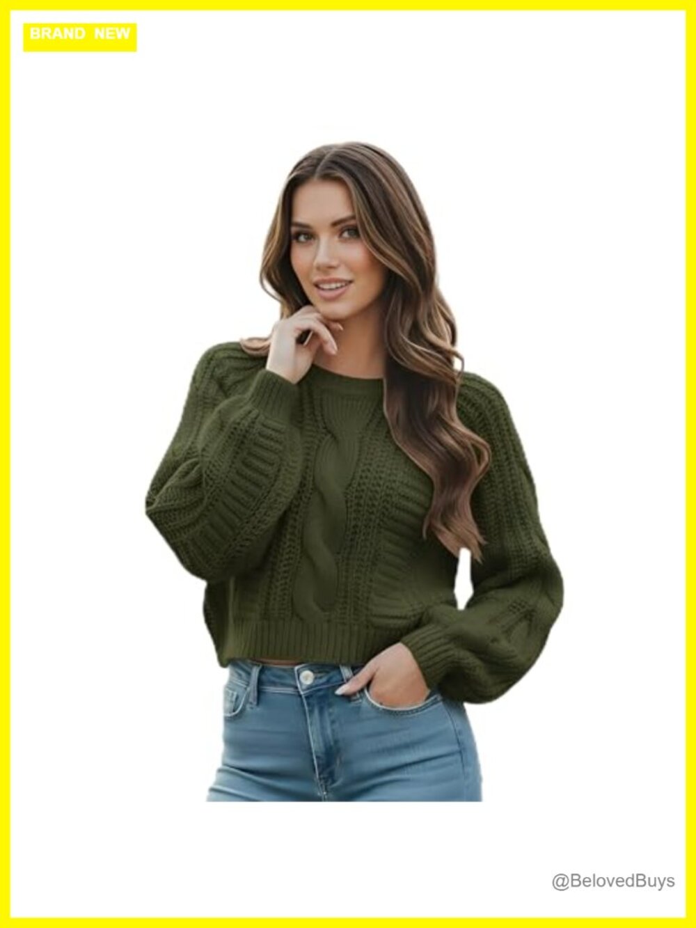 Cropped Cable Knit Sweater Acrylic Long Sleeve Pullover Crew Neck